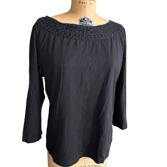 JM Collection Black beaded scoop neck 3/4 sleeve jersey Top size Large - Picture 2 of 10
